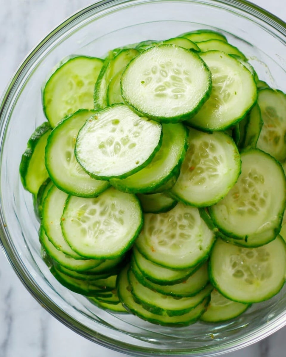 Thin green cucumber slices with a light green inside and small seeds are shown in a clear glass bowl. Each slice is round and smooth with a slightly shiny texture, layered loosely on top of each other inside the bowl. The bowl is sitting on a white marbled surface. Photo taken with an iphone --ar 4:5 --v 7