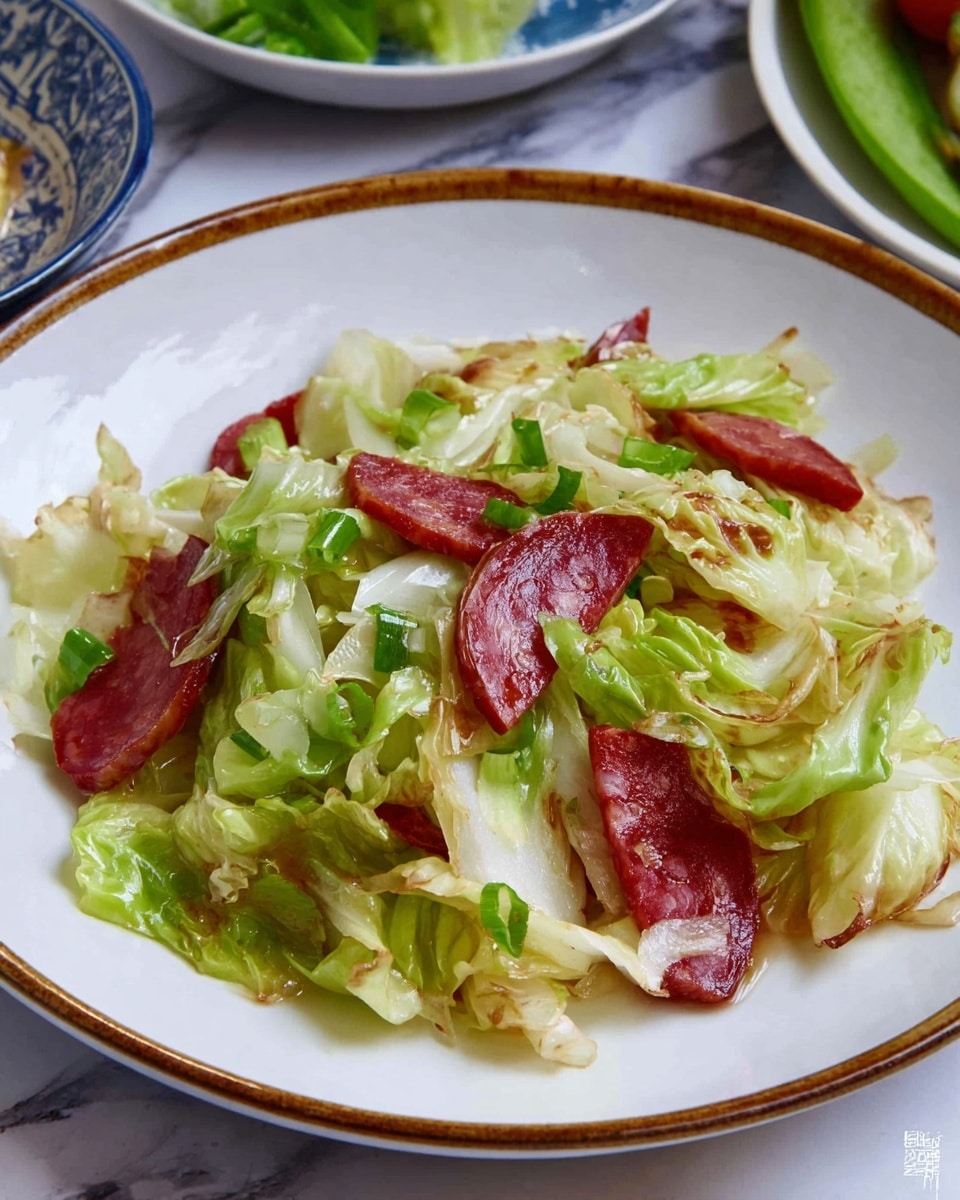 On a white plate with a brown rim, there is a dish made of light green cabbage pieces mixed with slices of reddish cured meat. The cabbage pieces are slightly cooked with some golden-brown edges, showing a soft texture with some crisp parts. The red cured meat slices are scattered evenly among the cabbage, adding contrast with their shiny, smooth texture. A few small pieces of green onion are mixed in, adding a fresh green color to the dish. The plate sits on a white marbled surface with some other dishes and green vegetables slightly visible in the background. Photo taken with an iphone --ar 4:5 --v 7