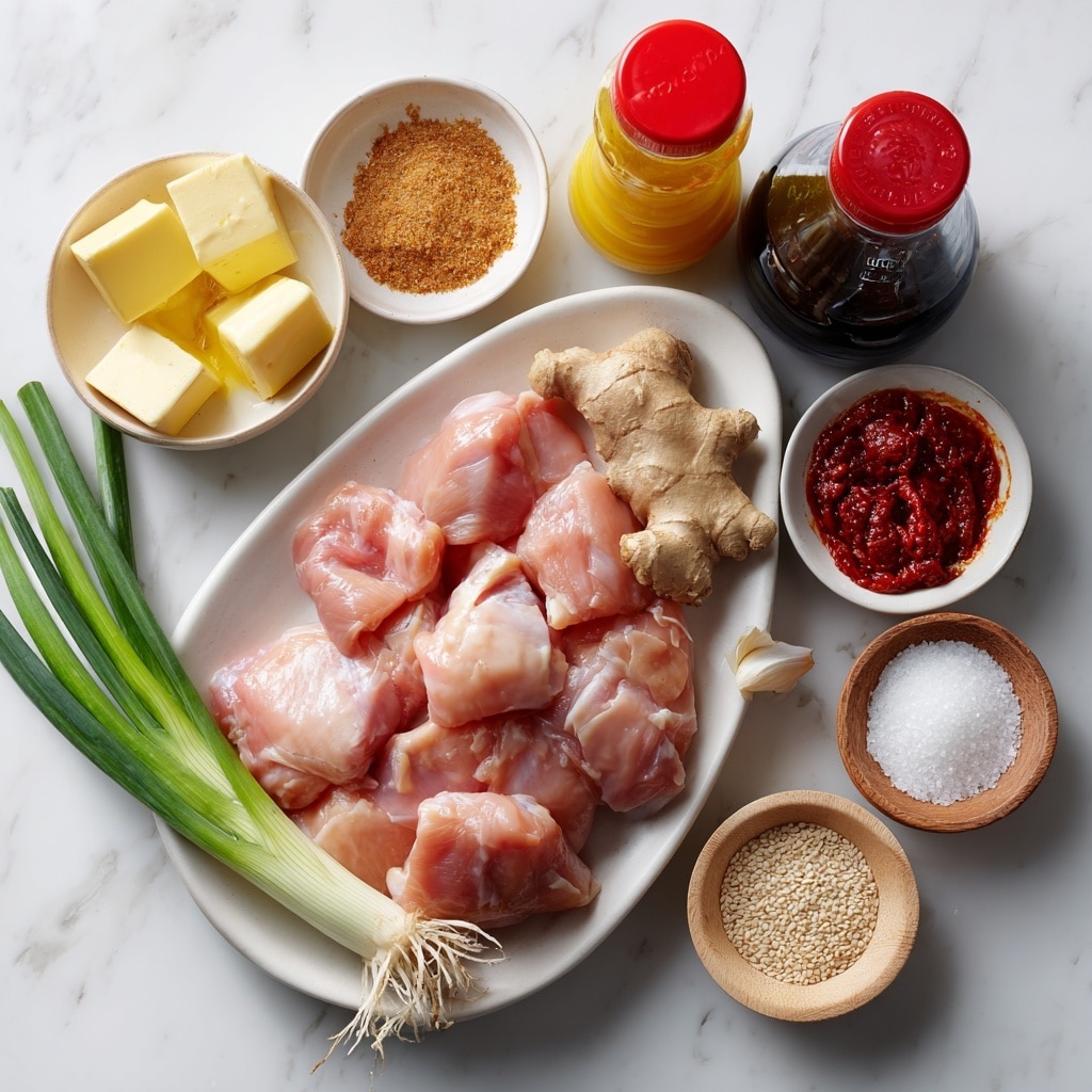 The image shows raw, cut chicken pieces placed on a white, oval plate at the lower left, next to a whole green onion laying diagonally across the plate. A piece of fresh ginger root sits beside the plate on a white marbled surface. Around the plate are small white bowls with various ingredients: brown sugar, light yellow butter, golden oil, and red chili flakes. A small wooden bowl holds white sesame seeds near the bottom. Above these ingredients, there are three bottles: a yellow-capped bottle with a light brown sauce, a black bottle with a red cap, and a red container of gochujang paste, all placed on the white marbled background. Photo taken with an iphone --ar 4:5 --v 7
