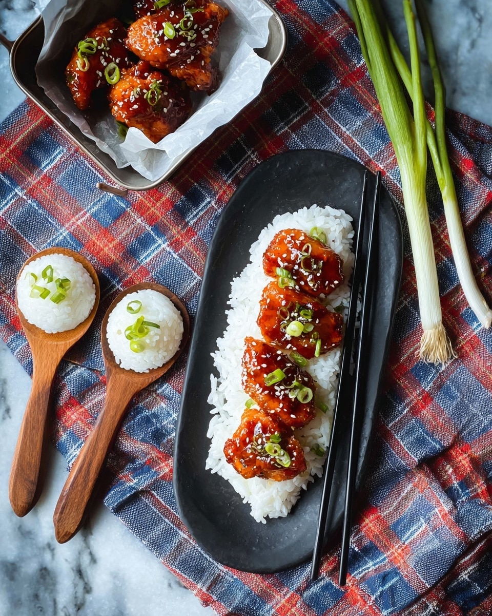 The image shows a black oval plate placed on a white marbled surface with a red, white, and blue checkered cloth partially underneath. On the plate, there is a bottom layer of white sticky rice, topped with four small pieces of glazed, reddish-brown chicken arranged in a line. The chicken pieces have a shiny texture and are sprinkled with white sesame seeds and small green onion slices. To the left of the plate, there are two wooden spoons, each holding a small scoop of white rice with a piece of the glazed chicken on top, also garnished with small green onion slices. Black chopsticks rest diagonally between the spoons and the plate. In the upper part of the image, a small metal container lined with white paper holds more glazed chicken pieces with sesame seeds and green onion on top. Two green onions lay on the cloth near the container. photo taken with an iphone --ar 4:5 --v 7