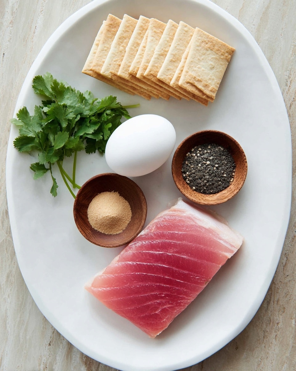 On a white oval plate with a white marbled texture background, there is one thick slice of raw pink fish positioned at the bottom right corner. Above that, there are two small round wooden bowls; one holds a whole white egg and the other contains a mix of black and white pepper. Just beside and slightly below them, a third small wooden bowl holds a light brown powder. To the left of the bowls, there is a small bunch of fresh green cilantro leaves. At the top of the plate, a row of light beige rectangular crackers are neatly lined up side by side. Photo taken with an iphone --ar 4:5 --v 7