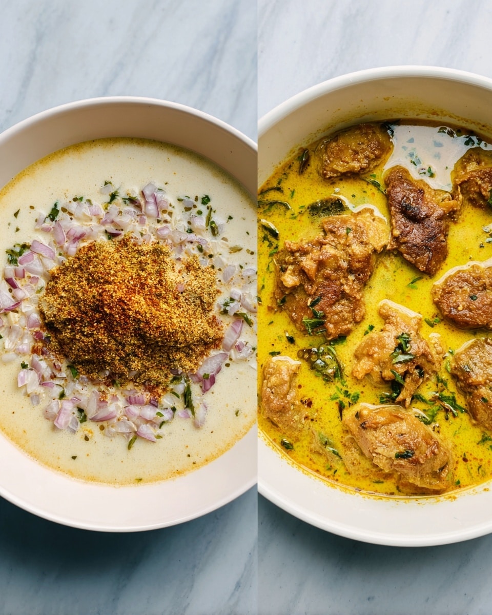 The image shows two white bowls side by side on a white marbled surface. The left bowl has three layers: a creamy liquid base with small pieces of chopped red onions and green herbs, topped with a mound of brown and yellow spices. The right bowl shows a creamy yellow curry with seven browned pieces of meat partially submerged, floating in the thick sauce with visible green herbs scattered throughout. The scene captures the before and after of a cooking process, with the right bowl also partly covered by a white lid. Photo taken with an iphone --ar 4:5 --v 7