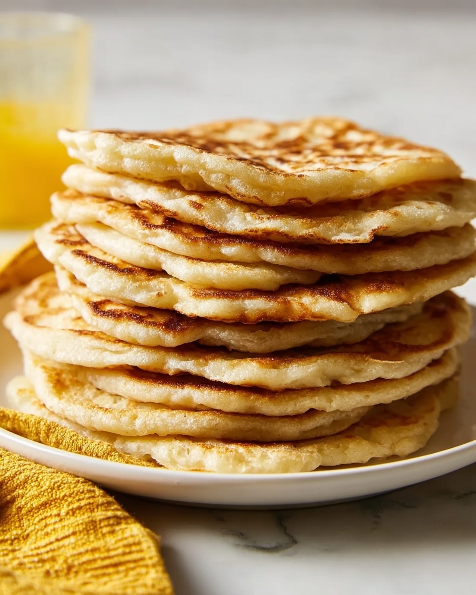 A close-up image shows a stack of eight flat, round pancakes with a light golden-brown color and slightly crispy edges, each pancake layered directly on top of the other. The pancakes have a soft, slightly uneven texture with some light browning spots, placed on a white plate set against a white marbled surface. In the blurred background, a glass and a yellow cloth napkin are partially visible. photo taken with an iphone --ar 4:5 --v 7