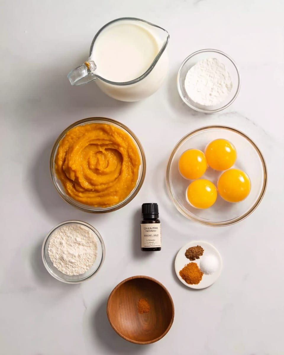 The image shows six glass bowls on a white marbled surface, each with different ingredients. Starting from the top left, there is a glass jug filled with milk. To the right of it is a small glass bowl with a white powder. Below that, on the right side, is a bowl holding four bright yellow egg yolks. At the bottom center is a small black bottle labeled vanilla extract. To the left of it is a wooden bowl containing a small amount of white salt. Above the vanilla bottle and salt is a glass bowl filled with smooth, orange pumpkin puree. In the center near the top are three small amounts of spices: ground ginger, cinnamon, and nutmeg, arranged on a small white plate. The setup is neat and organized on the white marbled surface. photo taken with an iphone --ar 4:5 --v 7