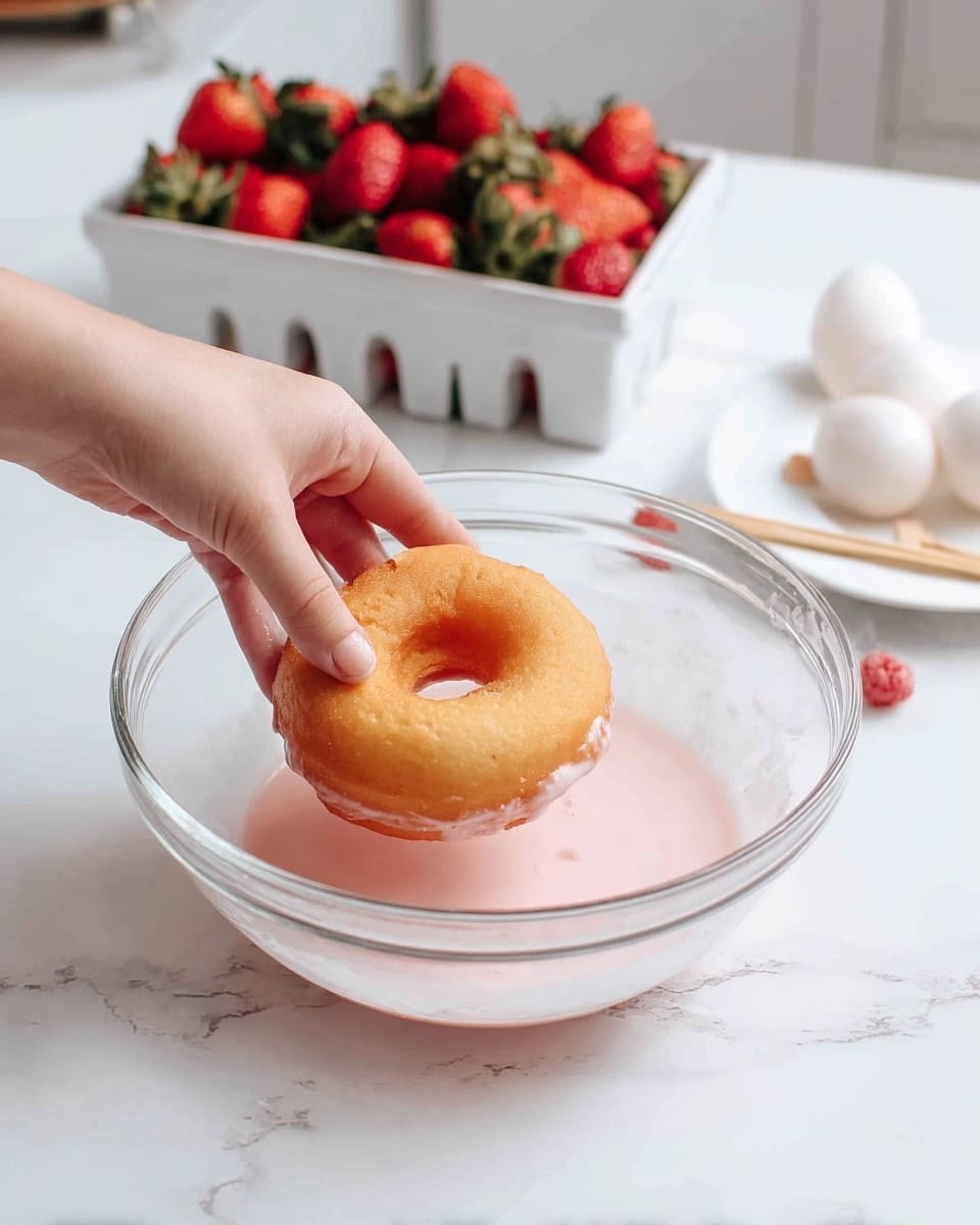 A clear glass bowl sits on a white marbled surface, filled halfway with a light pink, slightly foamy liquid, likely a strawberry glaze. In the bowl, a golden brown donut is being dipped by a woman's hand, holding it gently from the top. In the background, there is a white square container filled with fresh red strawberries with green leaves, and a white plate holding two halved white eggs and a small wooden skewer resting on it. The scene is well lit, offering a clean and fresh look. photo taken with an iphone --ar 4:5 --v 7