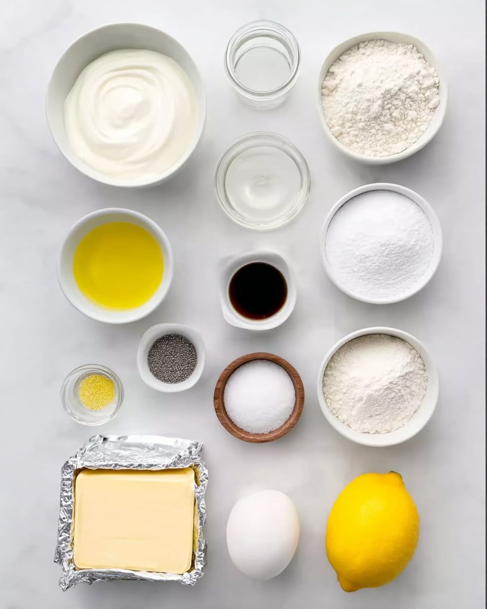 The image shows an organized flat lay of baking ingredients on a white marbled surface. There are 15 small white bowls and containers arranged in neat rows. The top row holds a larger bowl of white cream or yogurt, a small glass jar with a white liquid, and a bowl of light flour. Below, there are bowls with white powders that look like sugar or salt. On the left is a small glass bowl with light yellow oil, and next to it, a small bowl with tiny black seeds or poppy seeds. In the middle are two small containers with one dark liquid and one white liquid. To the right is a wooden bowl with white salt. At the bottom is a block of light beige butter with a silver wrapper, a whole lemon, a single white egg, and a rectangular stick of yellow butter. The clean, simple setup shows all ingredients clearly on a white marbled surface. photo taken with an iphone --ar 4:5 --v 7