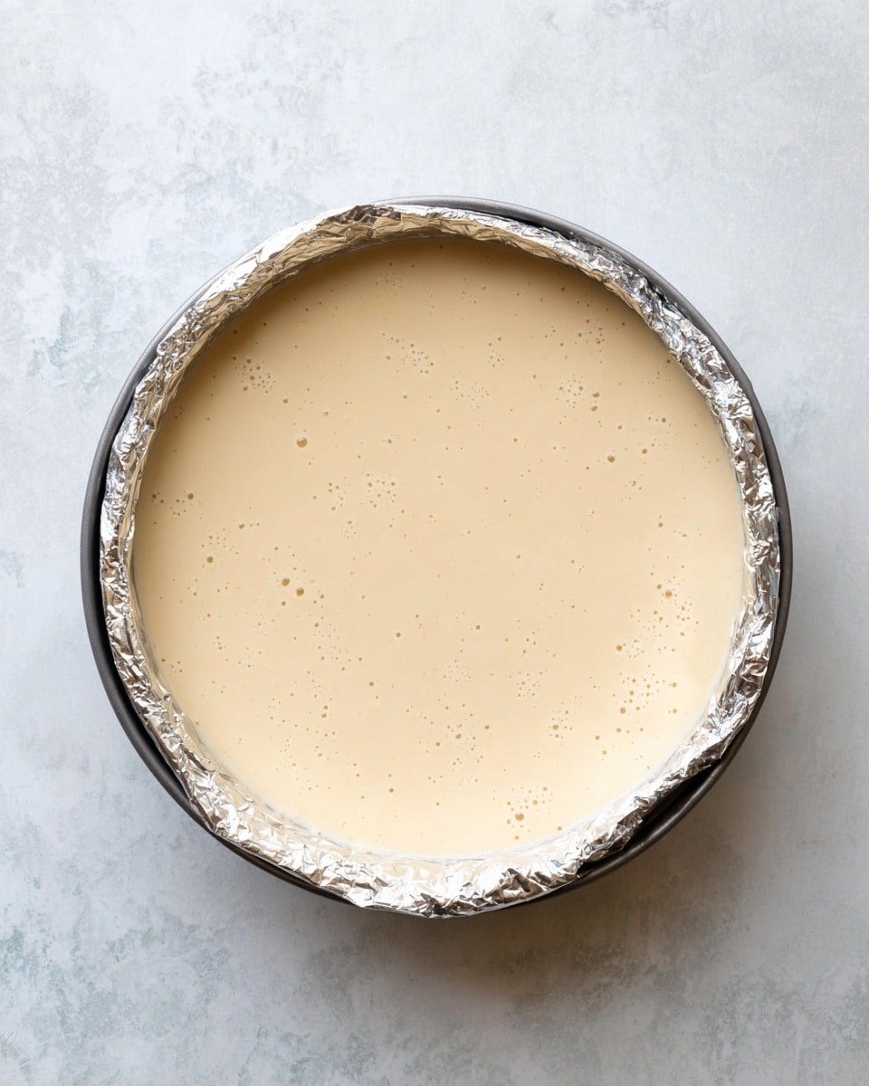 A round pan lined with a layer of shiny aluminum foil holds a smooth, creamy light beige mixture with small bubbles on the surface, filling the pan evenly. The pan is placed on a white marbled texture surface. photo taken with an iphone --ar 4:5 --v 7