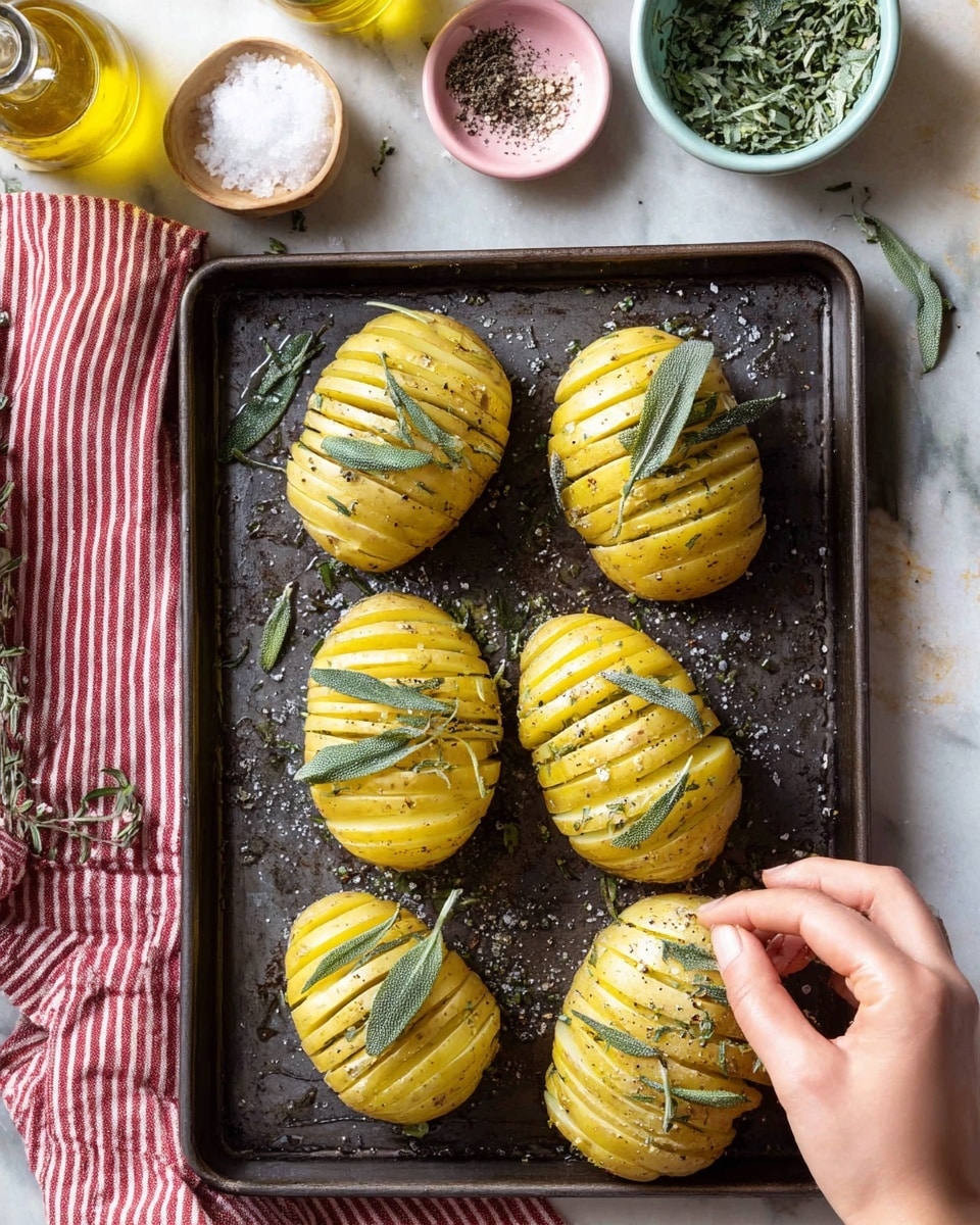 The image shows six sliced yellow potatoes arranged on a dark baking tray. Each potato is sliced thinly almost to the bottom, creating several layers. Fresh sage leaves are tucked between the layers, adding green color and texture. The potatoes are sprinkled with coarse salt and cracked black pepper, visible as white and dark speckles. A woman's hand is placing sage leaves into the slices of one potato in the bottom center. In the background on a white marbled surface, there is a small bottle of olive oil, a small white bowl of cracked black pepper, a pink bowl of salt, and a clear glass bowl with a green herb mixture, all arranged near a red-striped cloth. The overall scene is bright and rustic, showing preparation before cooking. photo taken with an iphone --ar 4:5 --v 7