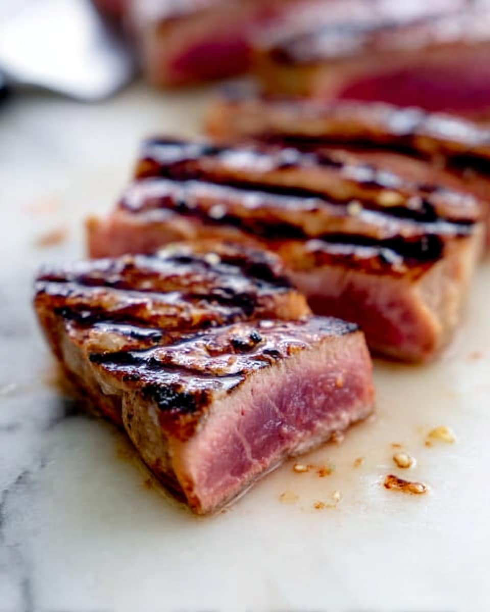 The image shows a close-up of a sliced grilled steak resting on a light surface with visible juices. The steak has dark grill marks on top, and the inside layers have a pinkish red color with a tender texture. The edges of the steak are slightly browned and seared, showing a contrast between the grilled outside and the more rare inside. The focus is on the steak slice in the front, with more steak blurred in the background, placed on a white marbled surface. photo taken with an iphone --ar 4:5 --v 7
