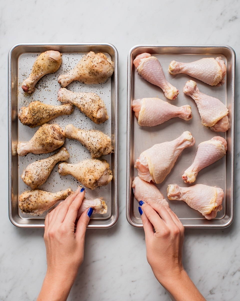 The image shows two silver baking trays on a white marbled surface. The tray on the left holds nine chicken drumsticks seasoned with black pepper and salt. A woman’s hands with blue nail polish are placing or adjusting the drumsticks. The tray on the right holds ten unseasoned raw chicken drumsticks spread out evenly. The difference between the trays is clear—the left one has seasoned chicken while the right one has plain raw chicken. photo taken with an iphone --ar 4:5 --v 7
