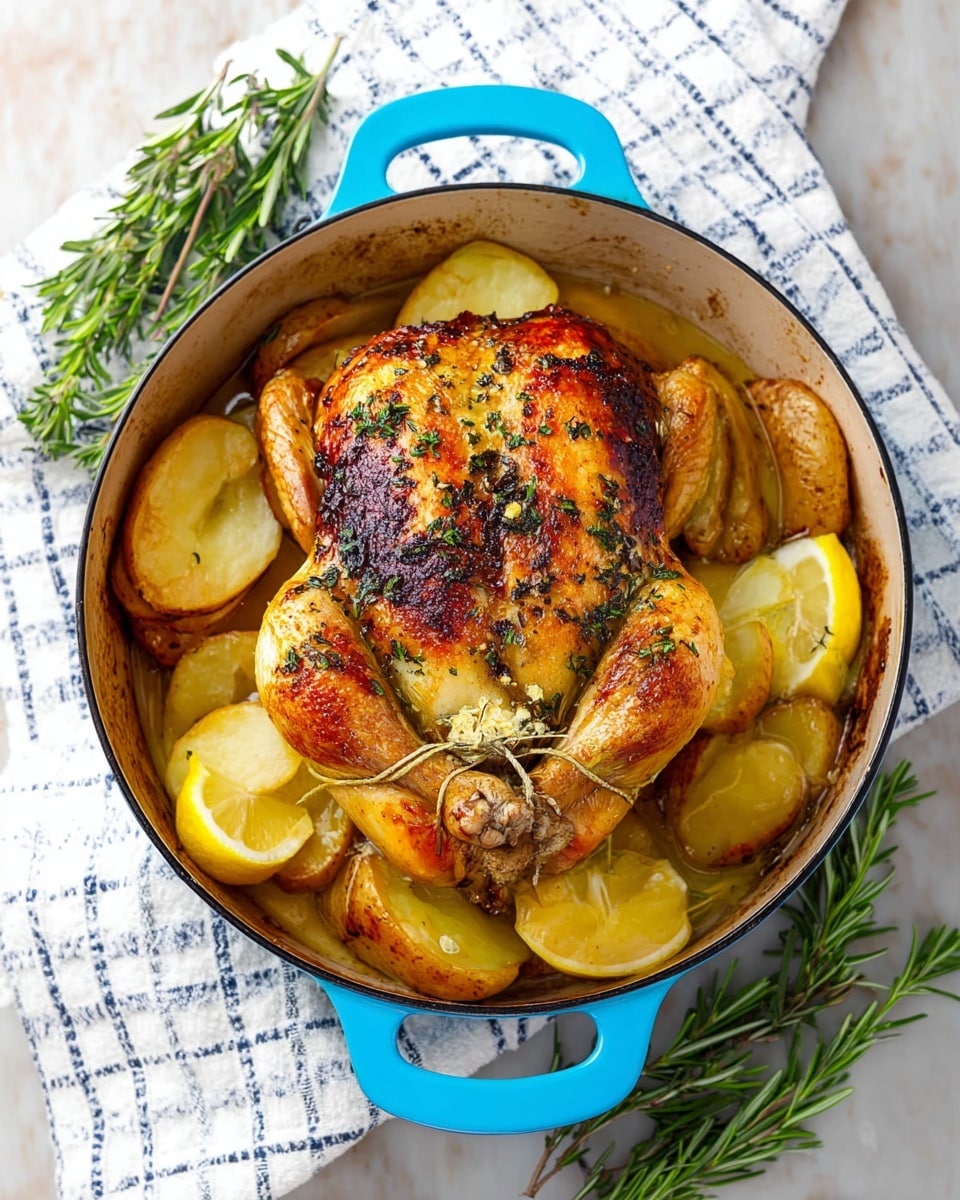 A golden roasted chicken with a crispy brown skin covered in herbs sits in the center of a large blue casserole dish. Underneath the chicken, there are slices of light brown roasted potatoes in a thin light sauce. The chicken legs are tied together with string. Around the dish, there are bright yellow lemon wedges and fresh green rosemary sprigs placed on a white marbled textured surface, partly over a white towel with a blue grid pattern. The photo taken with an iphone --ar 4:5 --v 7