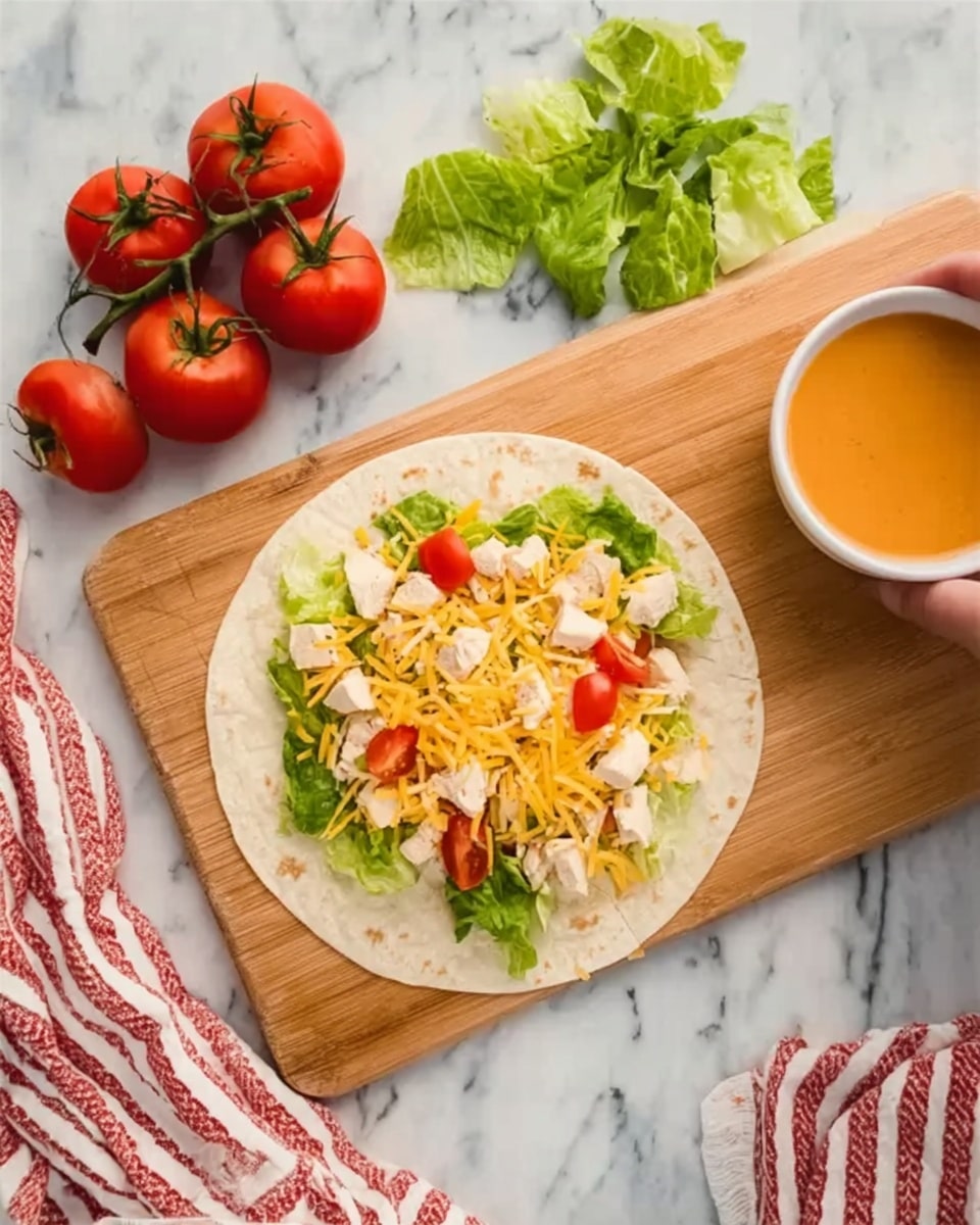 A white tortilla lays flat on a wooden board on a white marbled surface. The tortilla is topped with a layer of shredded yellow cheese, with small pieces of green lettuce scattered on top. There are diced white chicken pieces spread over the lettuce, along with small bright red tomato chunks. On the left side of the wooden board is a cluster of four whole red tomatoes on green vines. On the top right, there are two green lettuce leaves laying side by side. Nearby, a woman's hand is holding a white bowl filled with orange sauce. A red and white striped cloth lies next to the wooden board on the white marbled surface. photo taken with an iphone --ar 4:5 --v 7