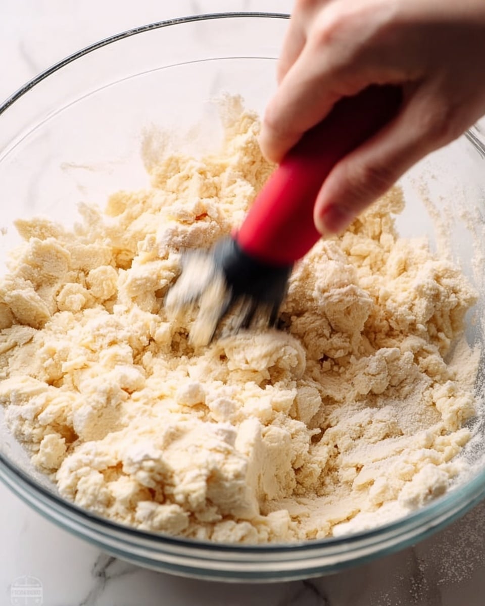 A close-up view of crumbly dough inside a clear glass bowl, showing small and medium clumps of pale yellow dough mixed with white flour. A woman's hand is pressing down with a red and black pastry blender on the dough, creating texture and breaking up chunks. The scene is set on a white marbled surface that softly reflects some light. Photo taken with an iphone --ar 4:5 --v 7