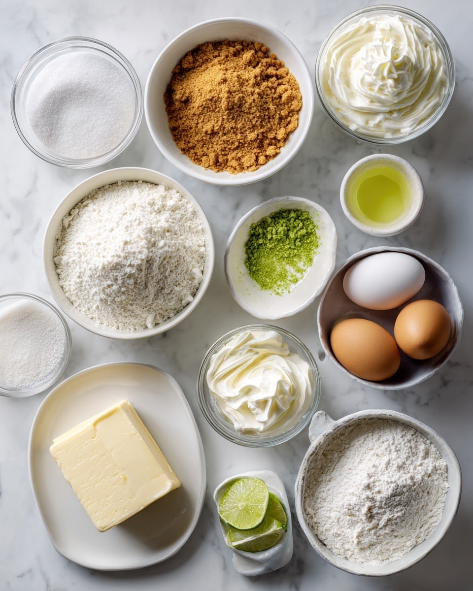 Top-down professional food photography flat lay style, bright white marble countertop, neatly arranged, evenly spaced, tidy, clean organized layout, include: bowl of graham cracker crumbs, small bowl of granulated sugar, small plate of unsalted butter, bowl of cream cheese, bowl of eggs, small bowl of all-purpose flour, small bowl of lime zest, small glass cup of key lime juice, small bowl of stabilized whipped cream, bright soft natural lighting, sharp focus, high detail textures, realistic reflections, professional DSLR look, 4K, no finished dish, no cooked food, no hands, no text, no watermark, no brand logos --ar 4:5 --v 7