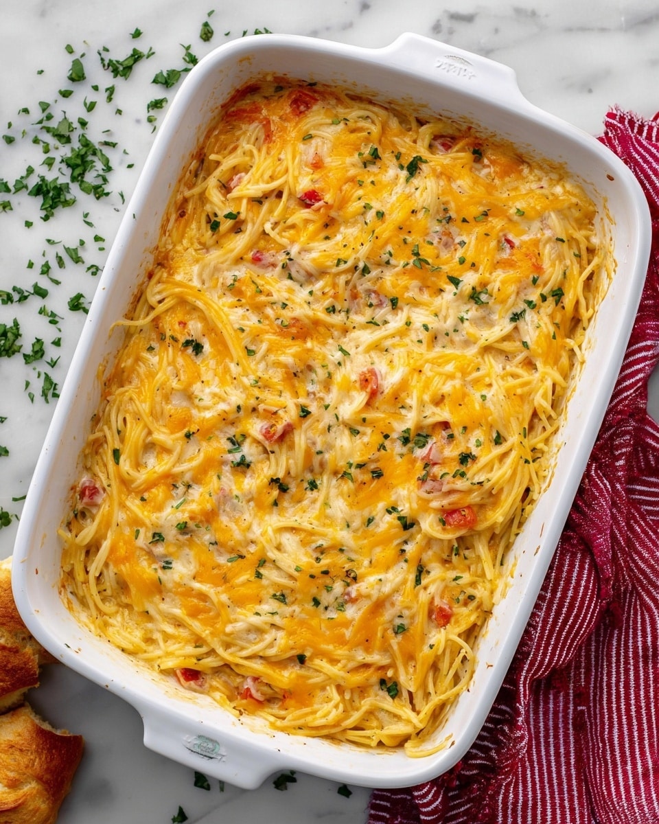 A white rectangular baking dish filled with creamy spaghetti mixed with small pieces of white and red ingredients and topped with a layer of melted bright orange cheese. The cheese covers the top unevenly, showing some spaghetti strands and sauce underneath. Small green herb bits are sprinkled on top, adding tiny spots of color. The baking dish sits on a white marbled surface with scattered green herb pieces around it and a red striped cloth nearby. The overall look is warm and cheesy, with the pasta visible through the cheese layer photo taken with an iphone --ar 4:5 --v 7