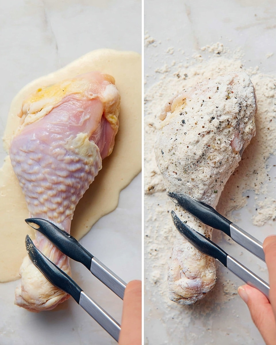 The image shows two side-by-side scenes of raw chicken drumsticks being prepared. On the left side, a raw chicken drumstick with pinkish skin and some yellow fat is partially dipped in a thick, creamy, light beige batter, held by a metal tong with black silicone tips. On the right side, the same type of drumstick, seasoned with small dark spots of spices, is being coated in a white flour mixture, also held by the metal tong. A woman's hand is gently holding the tong. Both scenes have a clean white marbled surface as background. Photo taken with an iphone --ar 4:5 --v 7