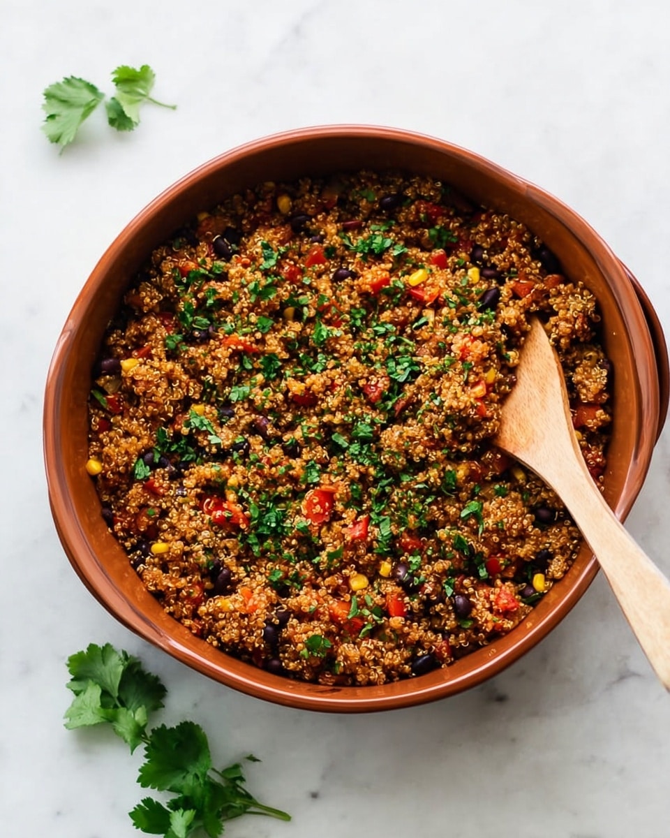 A round terracotta pan filled with cooked quinoa mixed with small pieces of red bell pepper, corn, black beans, and chopped onions, all in warm brown and orange tones. The dish is topped with finely chopped fresh green herbs scattered evenly over the top. A light brown wooden spoon rests inside the pan with its handle extending out, all placed on a white marbled surface with a couple of fresh green herb leaves beside the pan. Photo taken with an iphone --ar 4:5 --v 7