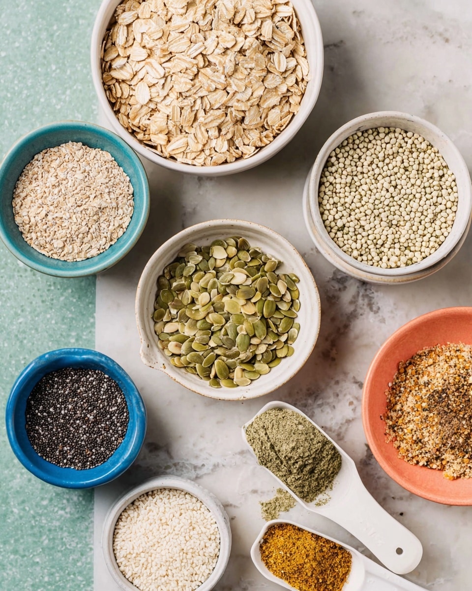 A top view of various dry ingredients arranged neatly on a white marbled surface. There is a large white bowl filled with light brown rolled oats in the upper left. Next to it, a white bowl with light green split seeds and pale sunflower seeds side by side. Below, a small white bowl holds tiny beige and green lentils. Beside it, another small white bowl with white sesame seeds. A small blue bowl contains tiny black chia seeds. A coral bowl is filled with a coarse, light brown powder. A white cup with green dried herbs and two white scoops with finely ground yellow and brown spices rest on the surface. The colors and textures show a mix of smooth seeds, coarse powders, and dried herbs. Photo taken with an iphone --ar 4:5 --v 7