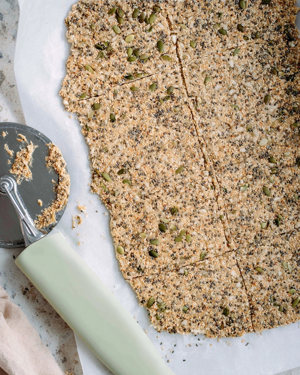 A large thin layer of raw seed cracker dough spread evenly on white baking paper, filled with visible seeds like green pumpkin, sunflower, chia, and light brown flax seeds, mixed into a beige grainy batter. The dough covers most of the frame, with clear small lines scored to mark future cracker pieces. On the lower left side, there is a metal pizza cutter with bits of dough on its edge and a pale green silicone spatula resting nearby, all set on a white marbled surface photo taken with an iphone --ar 4:5 --v 7