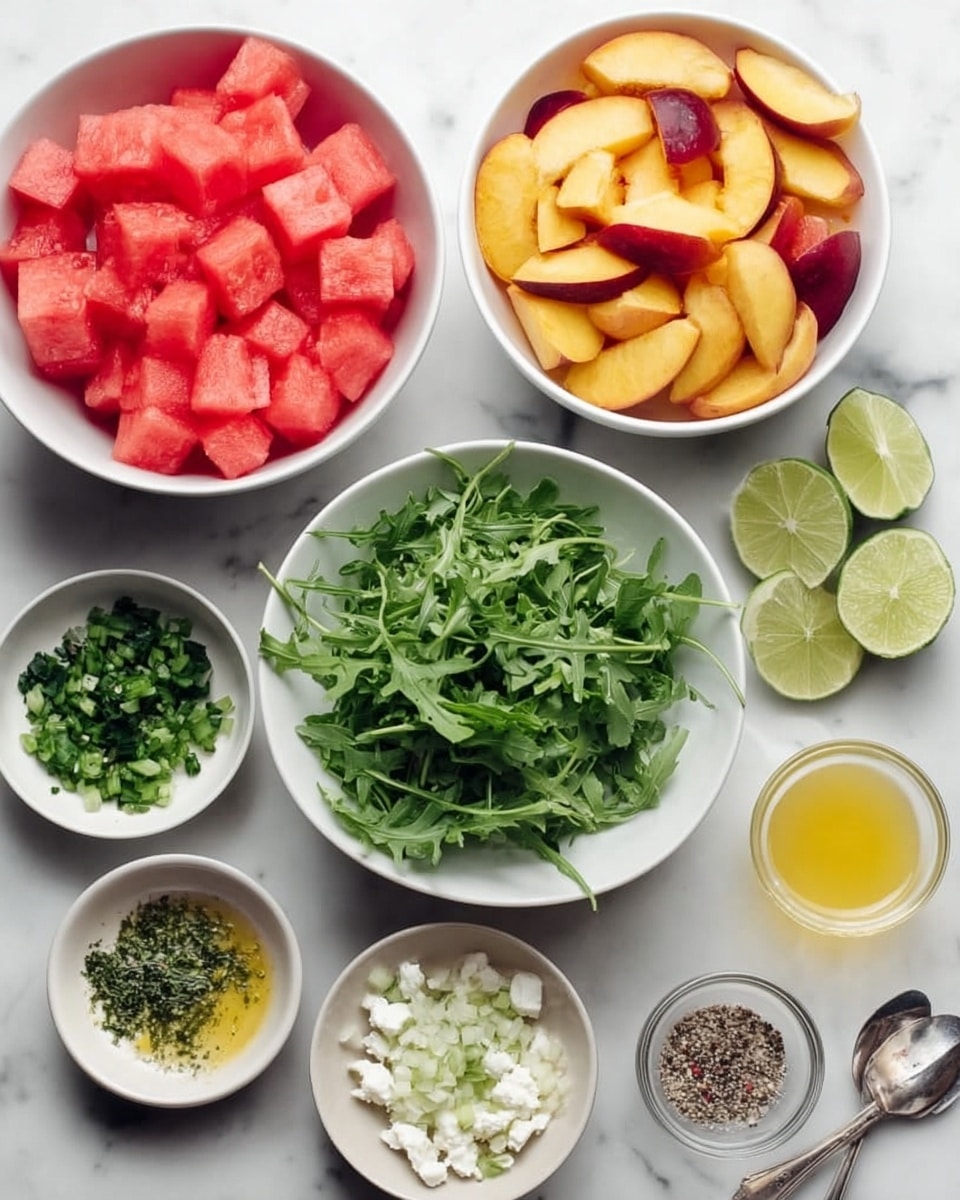 The image shows multiple white bowls arranged on a white marbled surface; the largest bowl holds bright red watermelon cubes, another large bowl contains yellow and reddish peach slices. A medium bowl is filled with fresh green arugula leaves, while smaller bowls hold finely chopped dark green herbs, light green chopped scallions, and white crumbled cheese. Two lime halves are placed near the top right. There is a small bowl with a light yellow liquid and a tiny bowl with a mix of black pepper and salt. A small silver spoon is also visible near the bottom right. photo taken with an iphone --ar 4:5 --v 7