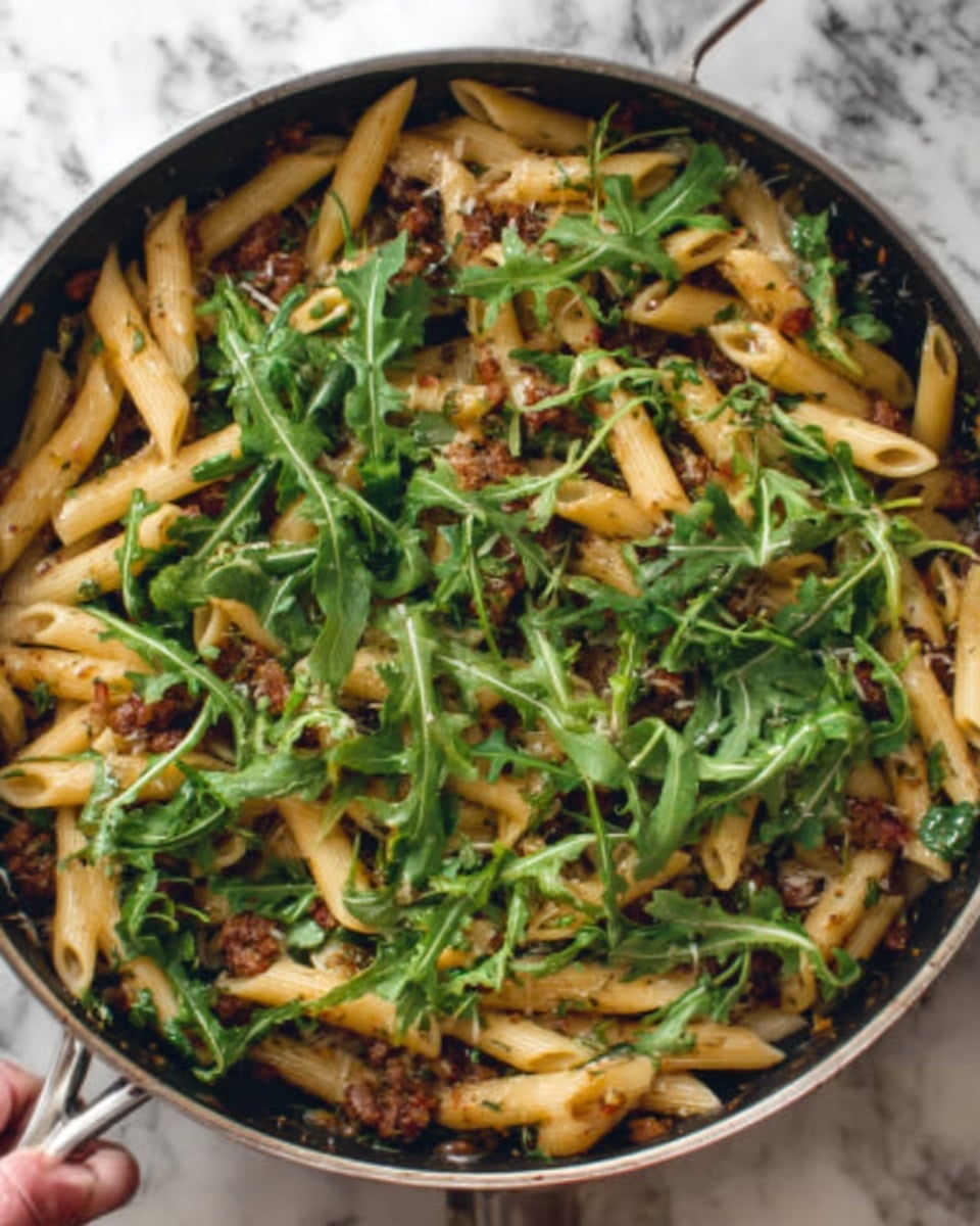 The image shows a pan filled with cooked penne pasta mixed with small pieces of browned meat and some green herbs or vegetables, all topped generously with fresh arugula leaves. The penne is light yellow with a slight shine from the sauce. The arugula is bright green and spread evenly on top, adding a fresh and leafy texture. The pan has a black edge, contrasting with the white marbled surface beneath it. A woman's hand is holding the pan's handle at the top left corner. Photo taken with an iphone --ar 4:5 --v 7