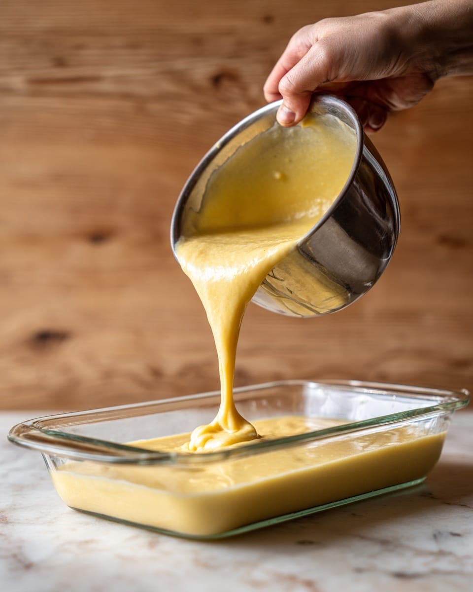 A woman's hand is pouring a smooth light yellow batter from a silver bowl into a clear glass rectangular baking dish. The dish is placed on a white marbled surface that contrasts with the warm wood texture in the background. The batter looks thick and creamy, filling about half of the dish as it flows in one steady stream. The scene shows a close-up view focusing on the pouring action and the texture of the batter, all captured in soft natural light. Photo taken with an iphone --ar 4:5 --v 7