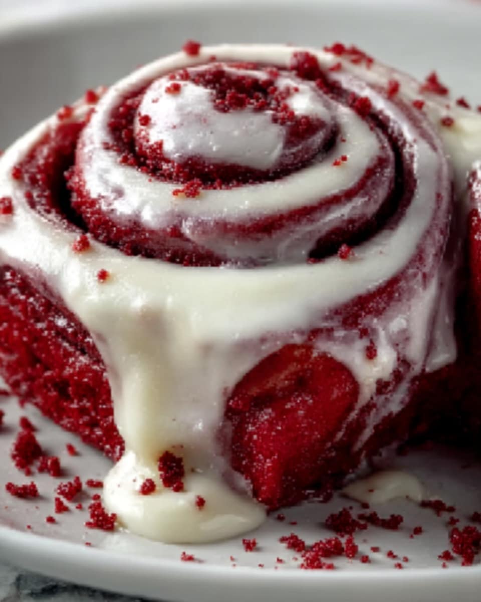 A close-up of a red velvet cinnamon roll with creamy white icing drizzled thickly over the spiral layers, some icing dripping down the sides. The roll shows deep red, soft dough with a crumbly, textured surface highlighted by small red crumbs on top and around it. The roll sits on a white plate with a white marbled background, emphasizing the rich color contrast between the red dough and white icing. Photo taken with an iphone --ar 4:5 --v 7