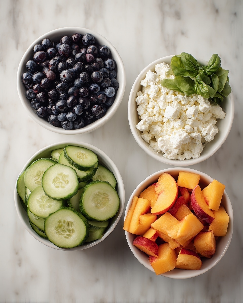 The image shows four white bowls on a white marbled surface. The top left bowl is filled with dark blue round blueberries. The top right bowl contains white crumbly cheese with a few green leaves near it. The bottom left bowl holds pale green cucumber slices with dark green skin arranged in a loose pile. The bottom right bowl is filled with square-cut orange and red pieces of peach. Photo taken with an iphone --ar 4:5 --v 7