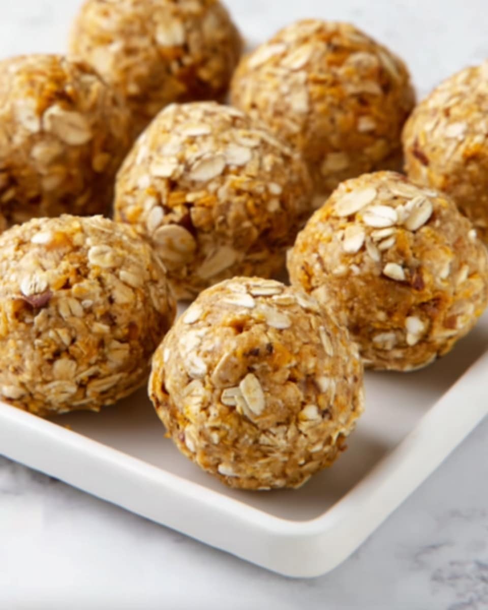 The image shows a close-up of several round oat balls placed on a white rectangular plate. Each ball has a rough texture with visible oat flakes and small bits of nuts, giving them a crunchy look. The balls are light brown with some darker brown and beige spots, and they are arranged in two rows on the plate. The background is a white marbled surface. The photo taken with an iphone --ar 4:5 --v 7