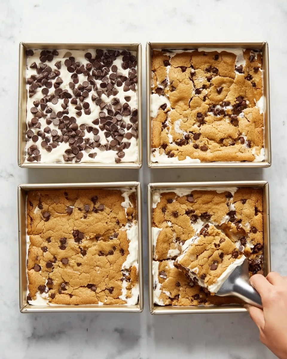The image shows two square metal pans placed side by side on a white marbled surface. Each pan contains a layered dessert with three main layers. The bottom layer is white and creamy, slightly visible through gaps. The middle layer has dark brown chocolate chips scattered evenly. The top layer is golden-brown cookie dough with a slightly rough texture, irregular in shape and partially covering the chocolate chips. One pan has cookie dough more broken into separate chunks, while the other pan’s cookie dough looks whole but cracked in the middle, showing the creamy layer underneath. A woman’s hand is holding a metal spatula in the right pan, lifting a piece of the dessert. Photo taken with an iphone --ar 4:5 --v 7