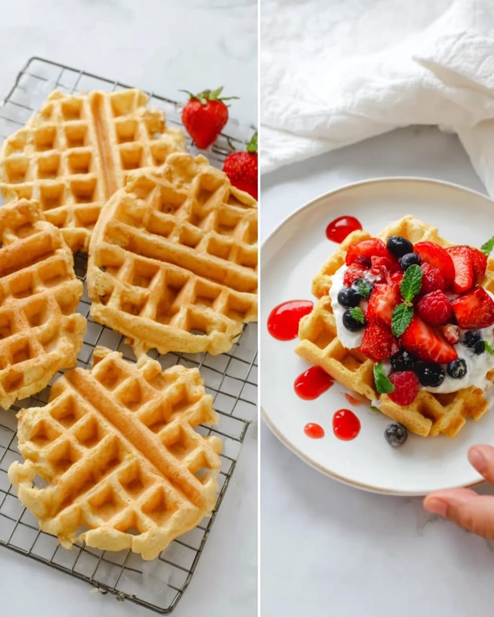 The image shows two views of golden waffles with a crispy texture and square grid pattern. On the left side, several whole waffles lie on a wire rack over a white marbled surface. On the right side, a white plate holds one waffle topped with a mix of fresh red strawberries, deep blue blueberries, and raspberries. The fruit sits on a layer of white cream, and small green mint leaves add a touch of color on top. Some red syrup dots are around the plate. The background is soft white with a white cloth nearby. A woman's hand is reaching toward the plate. Photo taken with an iphone --ar 4:5 --v 7