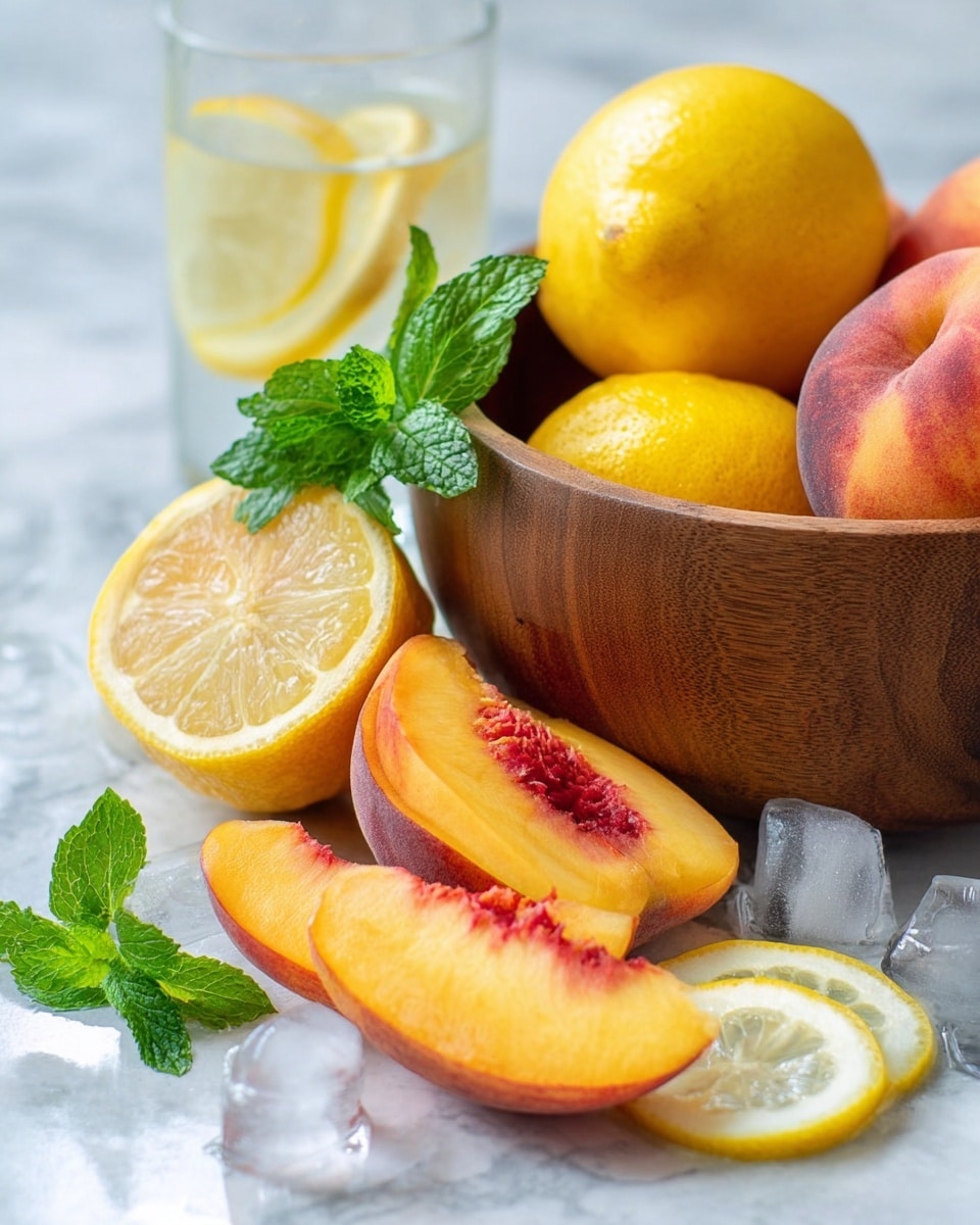 A wooden bowl filled with whole peaches is set on a white marbled surface. In front of the bowl, there is a whole peach placed next to three peach slices with a vibrant orange and red center. Beneath the peach slices, there are three thin lemon slices arranged in a loose line, with some clear ice cubes scattered nearby. Fresh green mint leaves are placed on top of the lemon slices and next to the peach slices, adding brightness to the scene. A lemon cut in half with a bright yellow interior leans against the bowl, while whole lemons and a glass of water with a blurry background complete the setup. photo taken with an iphone --ar 4:5 --v 7