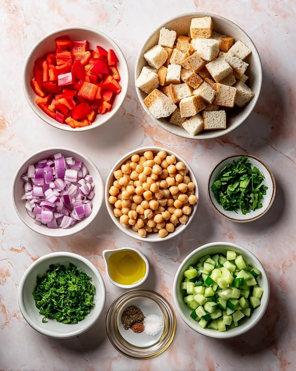 The image shows eight bowls with different ingredients placed on a white marbled surface. At the center, a large bowl holds light brown chickpeas. Above it to the right, a white bowl contains cubed pieces of white bread with brown edges. To the top left, a white bowl is filled with chopped red bell peppers, and next to it on the left, a smaller white bowl holds diced purple onions. Below the bowl with bread cubes on the right, a white bowl contains chopped green beans. Below the chickpeas, two small bowls have chopped fresh green herbs and chopped cucumber pieces, respectively. A tiny clear bowl holds salt and spices, and next to it, a white cup has golden olive oil. The bowls are arranged neatly with fresh, colorful ingredients visible. photo taken with an iphone --ar 4:5 --v 7