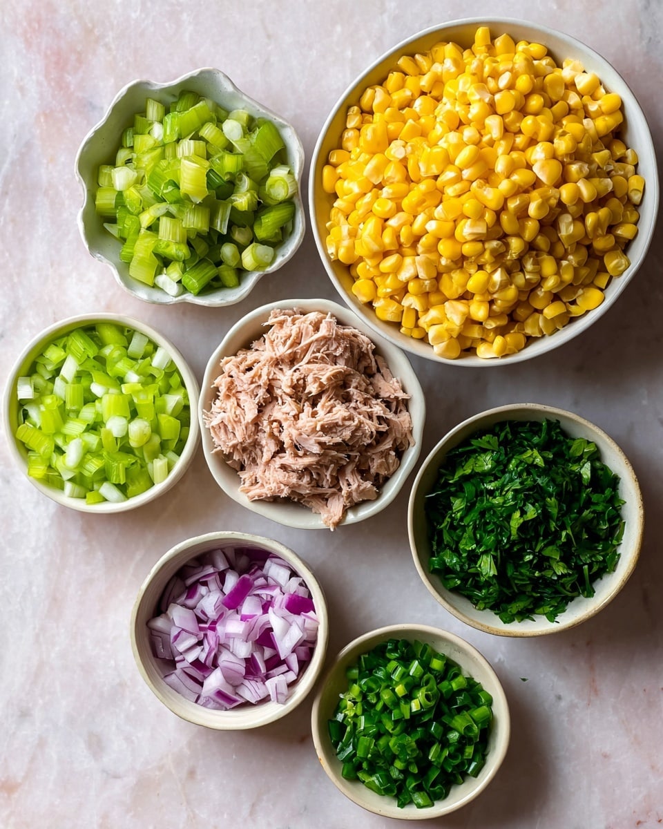 The image shows six white bowls arranged on a white marbled surface, each holding different chopped ingredients. The largest bowl is filled with bright yellow corn kernels, showing a smooth texture with some shiny spots. Below it, a scalloped white bowl contains light brown shredded tuna with a soft, flaky texture. To the left, another scalloped bowl holds pale green chopped celery pieces with a firm texture. Above that, a round bowl is filled with dark green chopped scallions that look fresh and crisp. At the bottom left, a small round bowl contains finely chopped red onions with purple and white layers visible. Next to it, a small round bowl holds roughly chopped flat-leaf parsley, vibrant green and leafy. The overall look is colorful and fresh, with clean and simple presentation. photo taken with an iphone --ar 4:5 --v 7