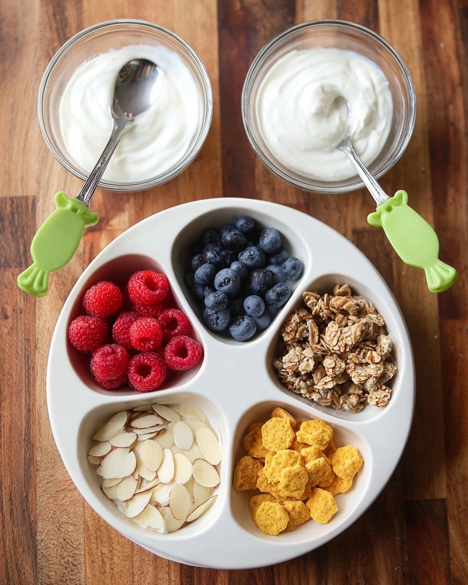 The image shows a white divided tray with six round sections holding different snacks arranged on a wooden surface. From top left and moving clockwise, the first section has dark blue blueberries with a shiny texture; the second section contains light brown granola pieces with a rough crumbly texture; the next section holds bright red raspberries, plump and textured; the fourth section contains thin, white almond slices with brown edges; the fifth section is filled with small, round, yellow snack pieces; and the sixth section has light brown shredded wheat squares with a fibrous texture. Two glass bowls of plain white yogurt are present nearby, each with a spoon inside, one spoon has a metallic handle, the other a green handle shaped like a frog. Photo taken with an iphone --ar 4:5 --v 7