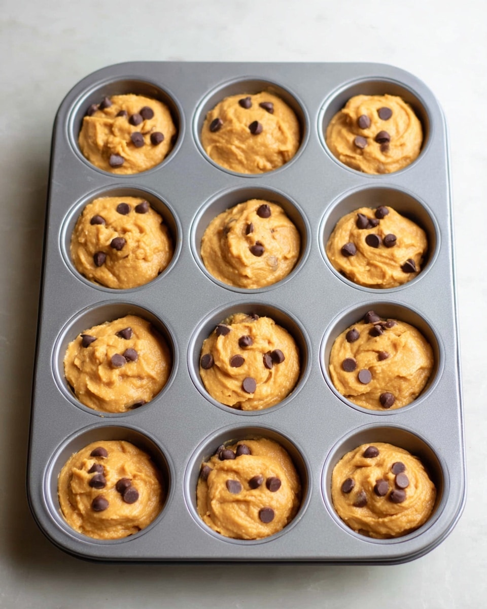 A gray metal muffin pan with twelve round cups is shown filled with orange-colored batter that has a thick and creamy texture. Inside the batter, there are small dark brown chocolate chips scattered unevenly in each cup. The batter fills each cup nearly to the top with slight uneven surfaces. The pan rests on a white marbled surface, and the lighting is soft and natural. photo taken with an iphone --ar 4:5 --v 7