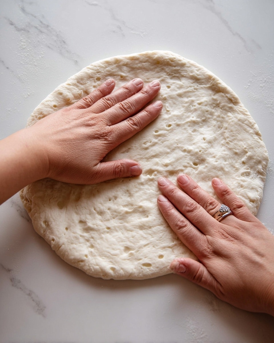 A thin, round layer of pale, soft dough with a slightly puffy and uneven surface is being flattened on a white marbled surface by two woman's hands pressing gently from the top center and bottom left edges. The dough has a light texture with small bubble marks, and the edges are slightly thicker than the center. One woman's hand wears a ring on the ring finger. The photo taken with an iphone --ar 4:5 --v 7
