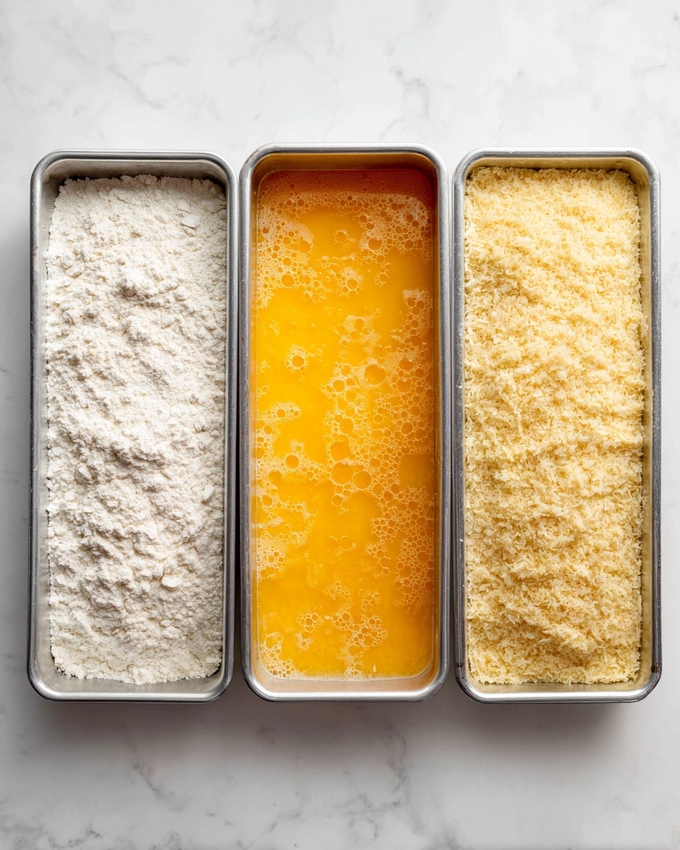 The image shows three metal trays placed side by side on a white marbled surface. The first tray on the left is filled with a layer of dry white flour, slightly uneven with some small clumps and a rough texture. The middle tray holds an even layer of beaten eggs that are a bright orange color with bubbles scattered on the surface, giving it a smooth, wet look. The third tray on the right contains a thick layer of shredded, light golden crumbs that look dry and coarse, filling the tray completely and evenly distributed. Photo taken with an iphone --ar 4:5 --v 7