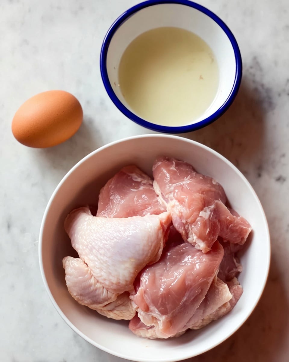 The image shows three main items on a white marbled surface: a white bowl filled with several raw chicken pieces that are light pink with a slightly shiny texture, a light brown egg with a smooth shell sitting nearby, and a white bowl with a blue rim containing a clear liquid. The chicken pieces inside the bowl are layered with some pieces overlapping each other. The bowl with the liquid is positioned above the bowl with chicken, and the egg is placed to the right of both bowls in a triangular arrangement. Photo taken with an iphone --ar 4:5 --v 7