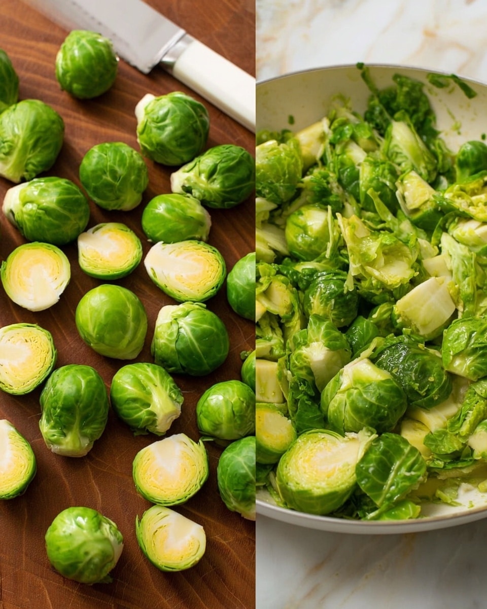 The image shows two connected scenes side by side: on the left, whole bright green Brussels sprouts and several halves are spread on a brown wooden surface near a white bowl filled with more whole Brussels sprouts, with a large white knife resting nearby; on the right, the Brussels sprouts appear chopped and cooked, with a glossy green texture and visible softness in a clear pan. The background surface is white marbled. Photo taken with an iphone --ar 4:5 --v 7