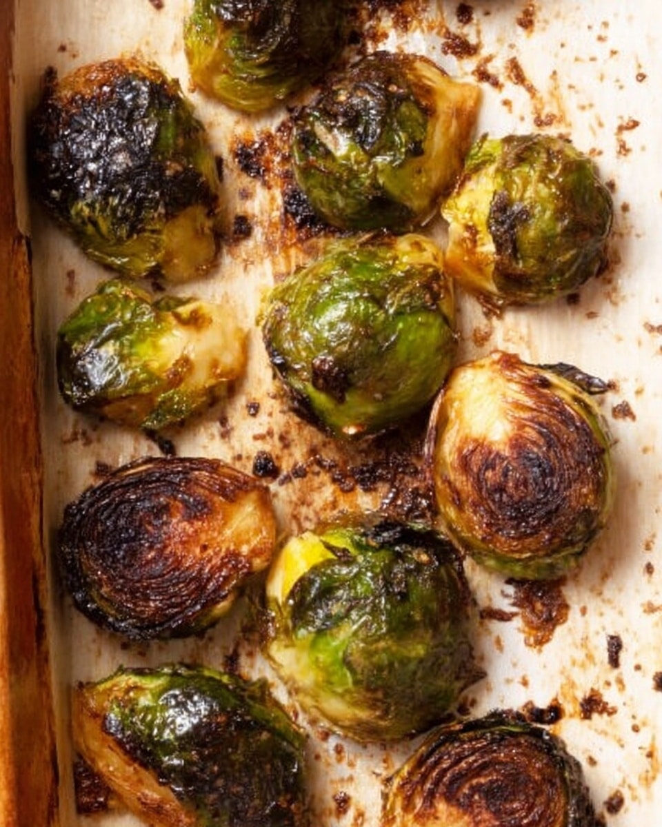 The image shows a close-up of roasted Brussels sprouts arranged on an off-white baking sheet with visible dark seasoning and browned edges. Each Brussels sprout has a rich mix of colors, from dark caramelized brown to deep green, with some sprouts showing layers peeled back slightly, revealing a softer inside. The texture appears crispy on the outside and tender within. The baking sheet has a slightly oily, speckled surface with browned bits from roasting. The background is a white marbled texture. Photo taken with an iphone --ar 4:5 --v 7