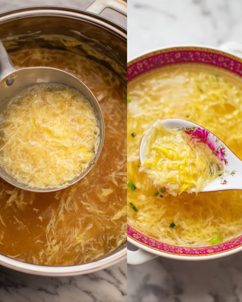 The image shows egg drop soup being made and served. On the left, a pot filled with light brown broth has thick, soft ribbons of beaten egg being poured in from a silver container, floating and cooking inside the soup. On the right, a white spoon decorated with pink and gold patterns holds a portion of the soup, showing the delicate light yellow egg strands mixed in the clear broth, with small bits of green garnishes visible. The background is a white marbled surface. Photo taken with an iphone --ar 4:5 --v 7