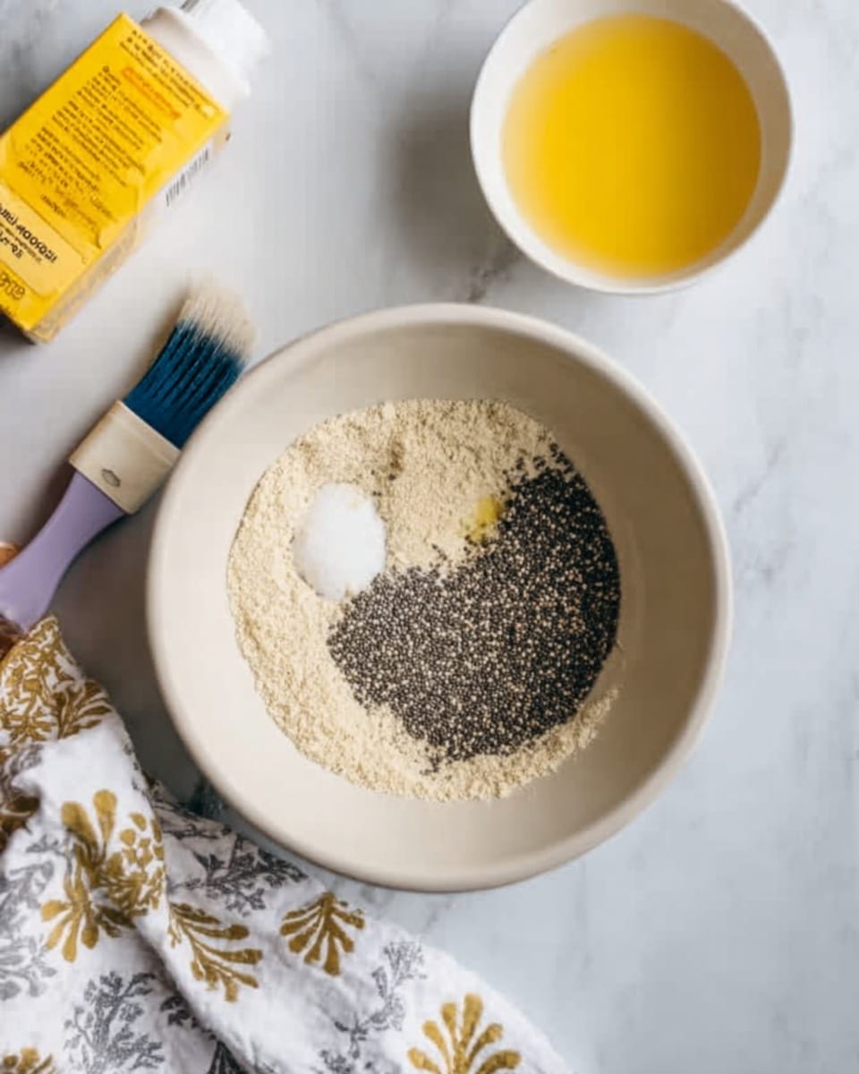 A white bowl contains three separate layers of ingredients: a light beige powder forming the base, a small white powder spot on one side, and a layer of black seeds covering part of the beige powder. The bowl is placed on a white marbled surface, near a small white bowl filled with yellow liquid and a yellow carton. On the surface near the bowl, there is a woman's hand holding a blue and black silicone brush next to a white cloth with gold and gray patterns. Photo taken with an iphone --ar 4:5 --v 7
