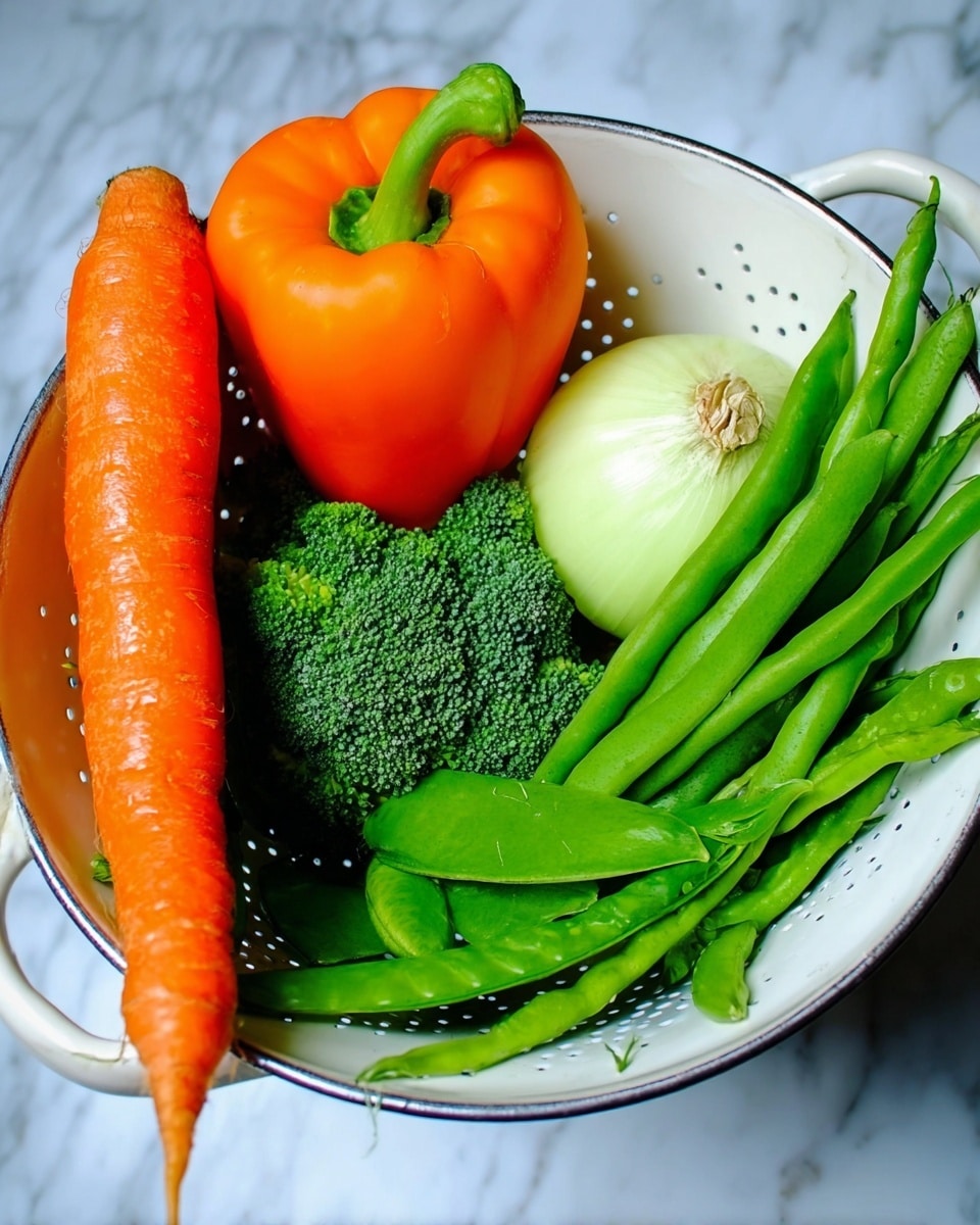 A white colander filled with fresh vegetables sits on a white marbled surface. The colander holds a large orange carrot resting on its side, a shiny orange bell pepper beneath it, a small bunch of green broccoli florets near the center, a pale yellow onion on one side, green beans standing upright behind the onion, and several broad green pea pods layered across the bottom. The mix of bright green, orange, and pale yellow colors creates a fresh and vibrant look. Photo taken with an iphone --ar 4:5 --v 7