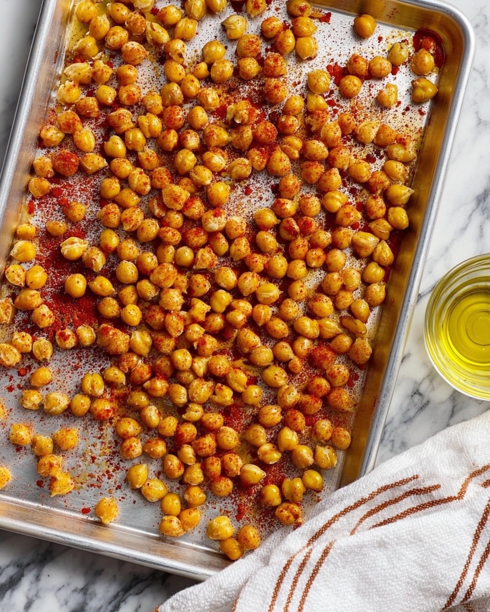 The image shows a silver baking tray filled with roasted chickpeas sprinkled with red seasoning powder, giving some of them a reddish tint while others remain golden yellow. The chickpeas are spread unevenly across the tray. The tray is placed on a white marbled surface, partially covered by a white towel with brown stripes at the bottom right corner. A small clear glass jar with a yellow liquid, likely oil, is also visible near the towel. Photo taken with an iphone --ar 4:5 --v 7