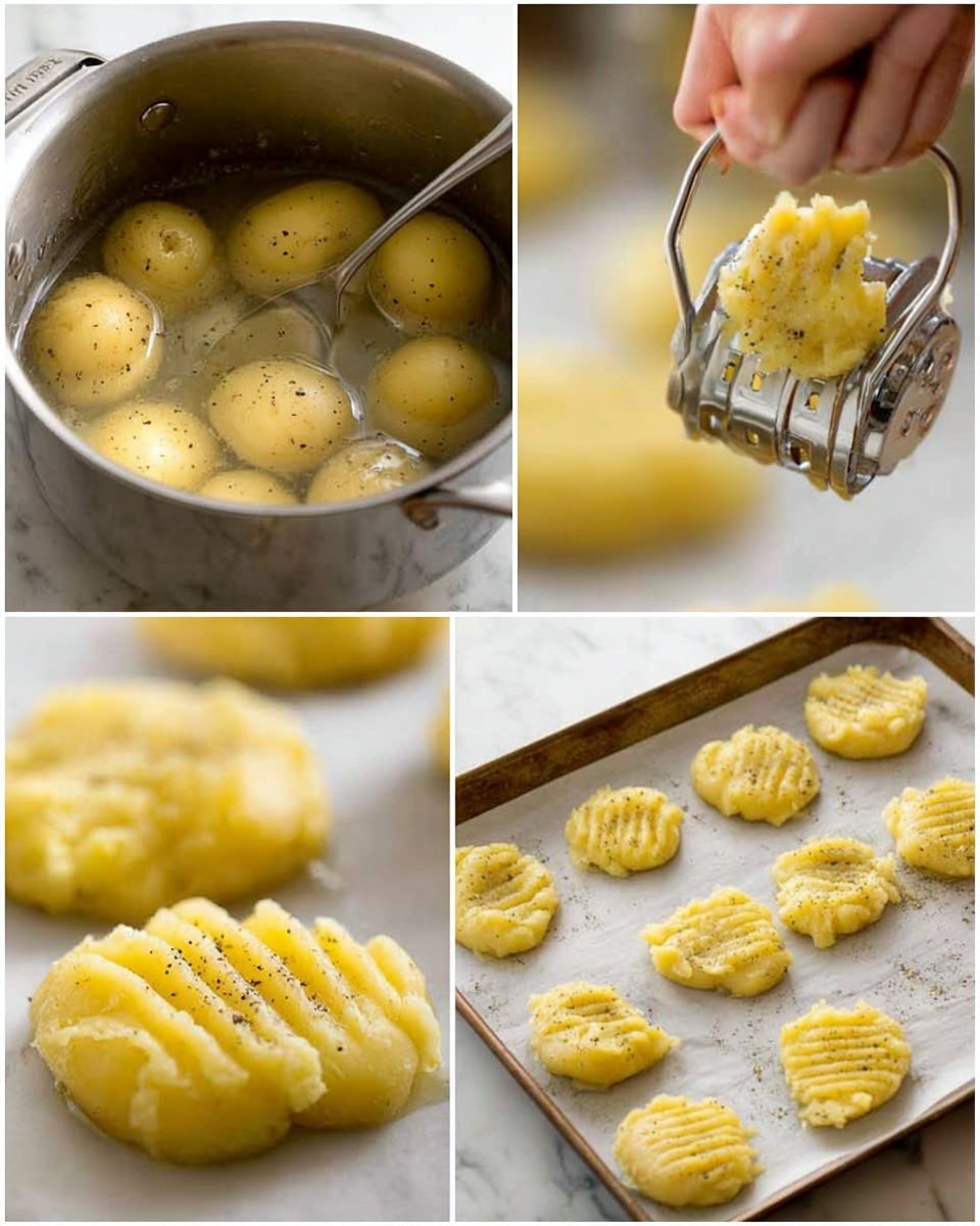 The image shows a collage of five photos detailing the process of making mashed potato patties. The first photo at the top left displays whole potatoes boiling in clear water inside a steel pot. The center left photo shows a close-up of a yellow mashed potato patty sprinkled with black pepper, while a silver spoon drizzles a shiny liquid over it. The top right photo captures a woman's hand holding a metal potato masher pressing down on the soft mashed potatoes, creating ridges. The bottom right photo shows several flattened mashed potato patties arranged on a white baking tray lined with parchment paper on a white marbled surface. The bottom left photo focuses on a few patties with a soft, slightly chunky potato texture and light yellow color. Photo taken with an iphone --ar 4:5 --v 7