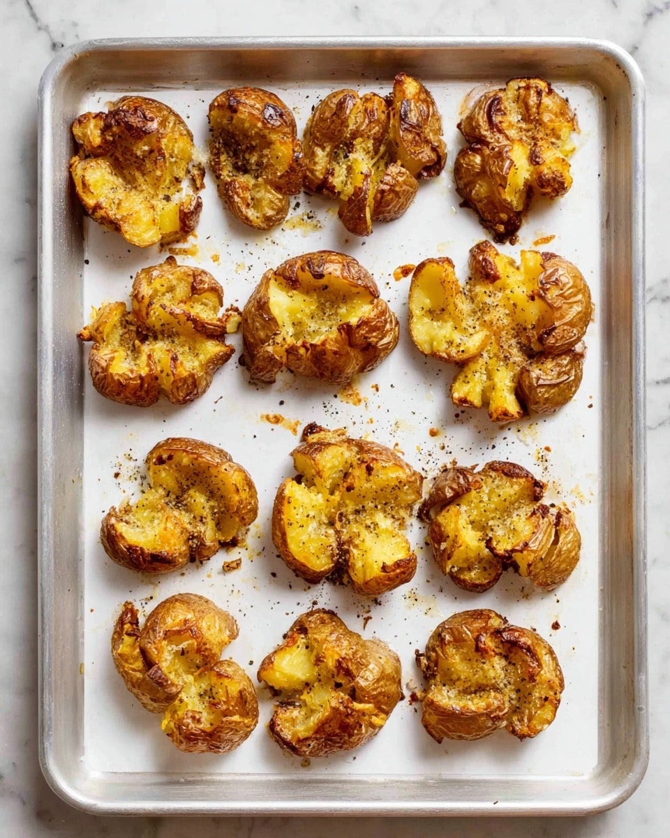 The image shows a white baking tray with twelve smashed roasted potatoes evenly spread across it. Each potato is golden brown with crispy edges and some darker spots from roasting. The potatoes have a rough, uneven texture with visible seasoning like black pepper on top. The tray is placed on a white marbled surface. Photo taken with an iphone --ar 4:5 --v 7