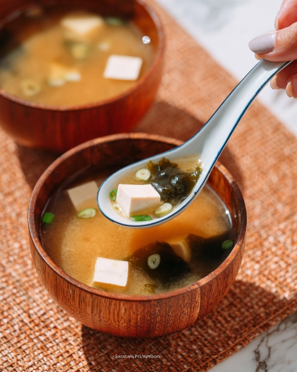The image shows a close-up of a wooden bowl filled with light brown miso soup containing soft white tofu cubes and small green onion pieces. A white ceramic spoon with a blue rim is held over the bowl by a woman's hand, lifting a tofu cube and a piece of seaweed from the soup. Another wooden bowl with similar miso soup and tofu cubes is blurred in the background, all placed on a textured brown mat with a white marbled surface underneath. photo taken with an iphone --ar 4:5 --v 7