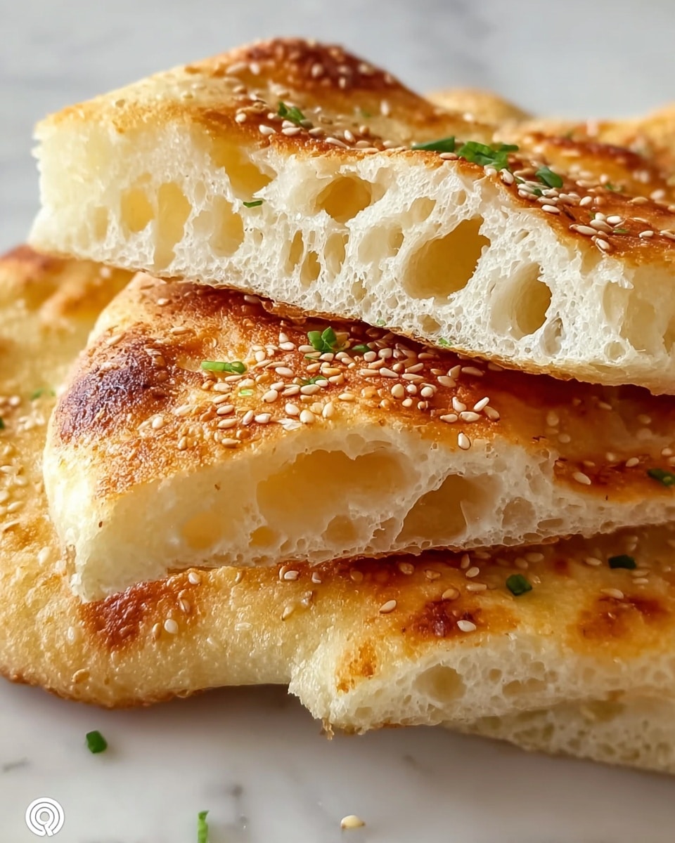 The image shows a close-up of golden brown flatbread with a soft, airy inside full of big holes. The top layer is slightly crispy with sesame seeds and small green herbs scattered on it. The flatbread's texture is fluffy and light, with a thin crispy outer skin on top. The bread pieces are stacked, showing the contrast between the soft white inside and the golden outside, all set on a white marbled surface photo taken with an iphone --ar 4:5 --v 7