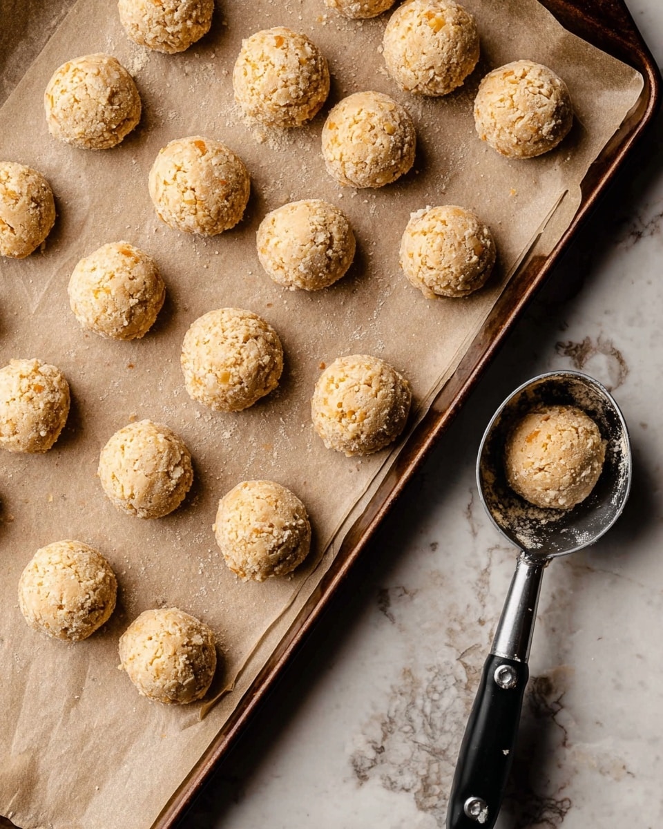 The image shows a baking tray lined with parchment paper holding five rows of small, round dough balls, each with a crumbly and slightly rough texture in light beige and golden tones. The dough balls are evenly spaced and look ready for baking. Below the tray, there is a white marbled surface with a metal scooping tool that has black handles, resting near the edge and covered with some dough residue inside the scoop. photo taken with an iphone --ar 4:5 --v 7
